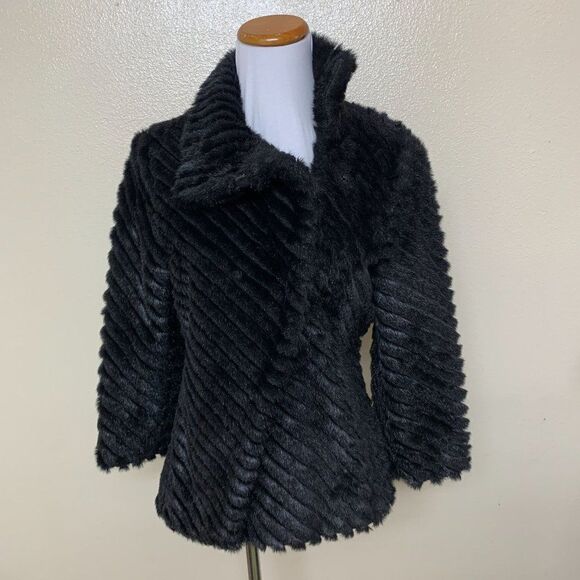 Miss Sixty Luxury Bolero Cut Faux Fur Plush Coat Small Black Zig Zag Made in Ita - Picture 1 of 12